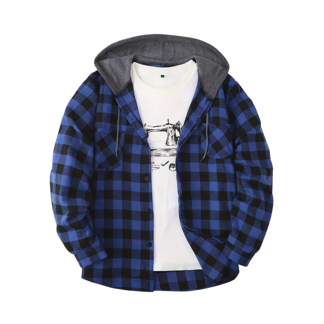 Men’s Sporty Hooded Sweatshirt – Red Plaid Design with Button Front