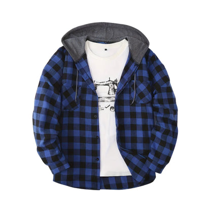 Men’s Sporty Hooded Sweatshirt – Red Plaid Design with Button Front