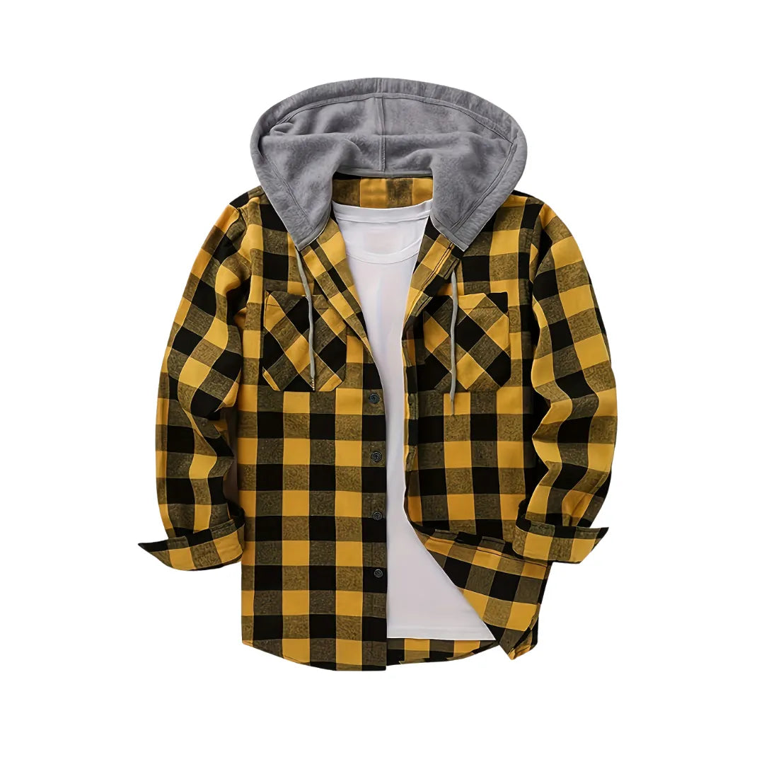 Men’s Sporty Hooded Sweatshirt – Red Plaid Design with Button Front