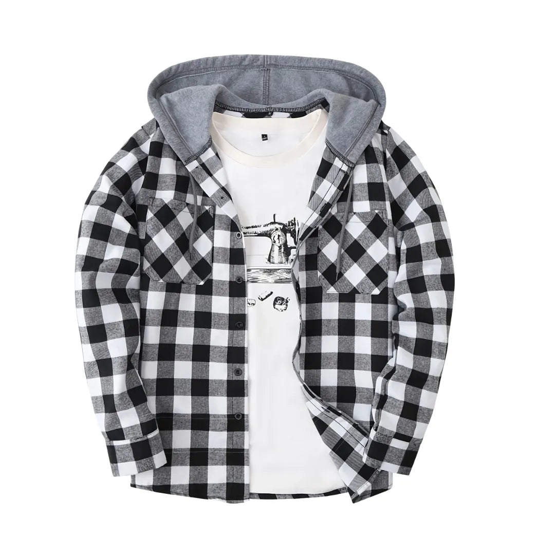 Men’s Sporty Hooded Sweatshirt – Red Plaid Design with Button Front