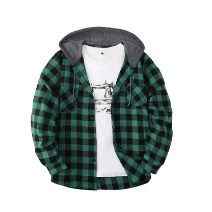 Men’s Sporty Hooded Sweatshirt – Red Plaid Design with Button Front