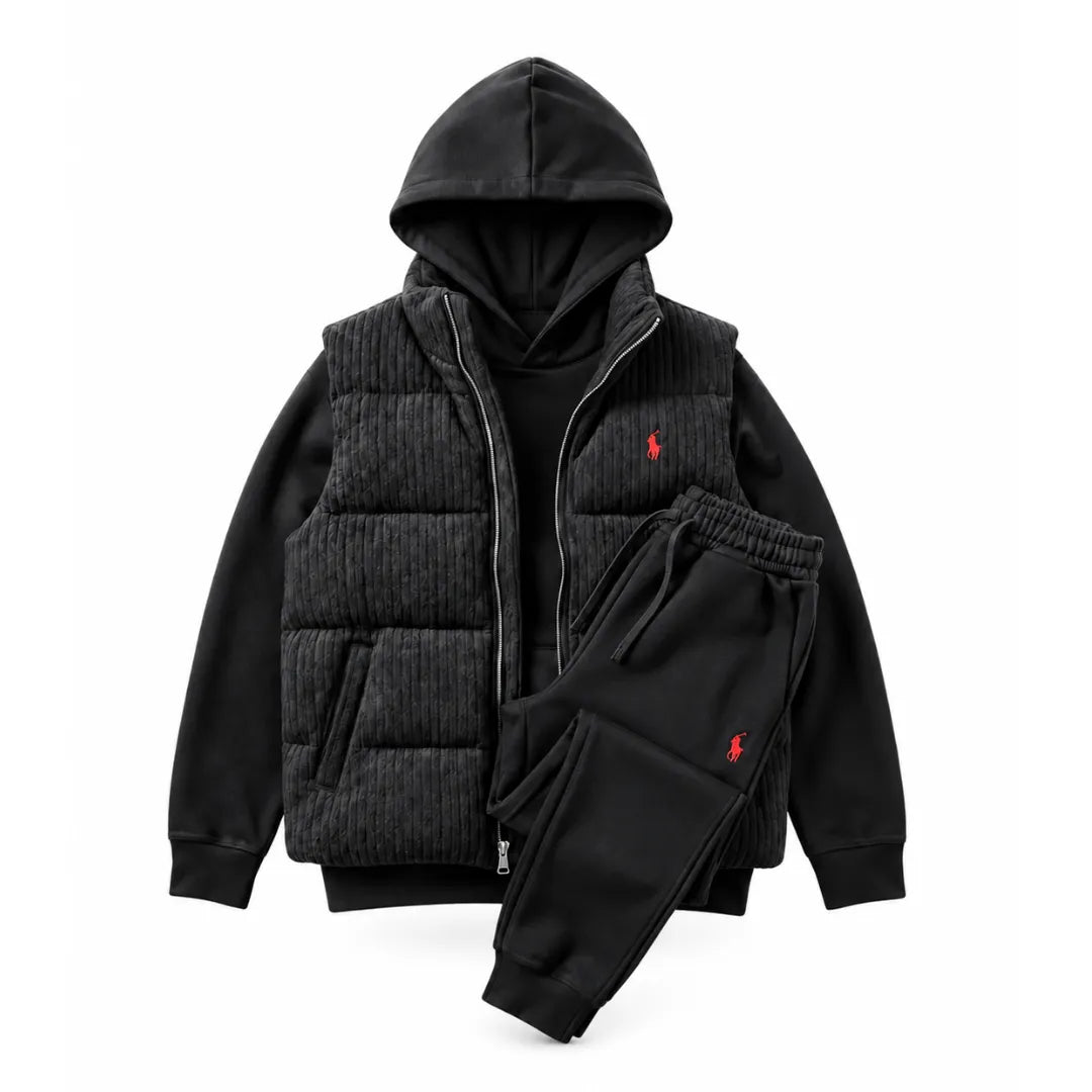 Men’s Heritage Cable-Knit Padded Vest 3-Piece Fleece Tracksuit Set