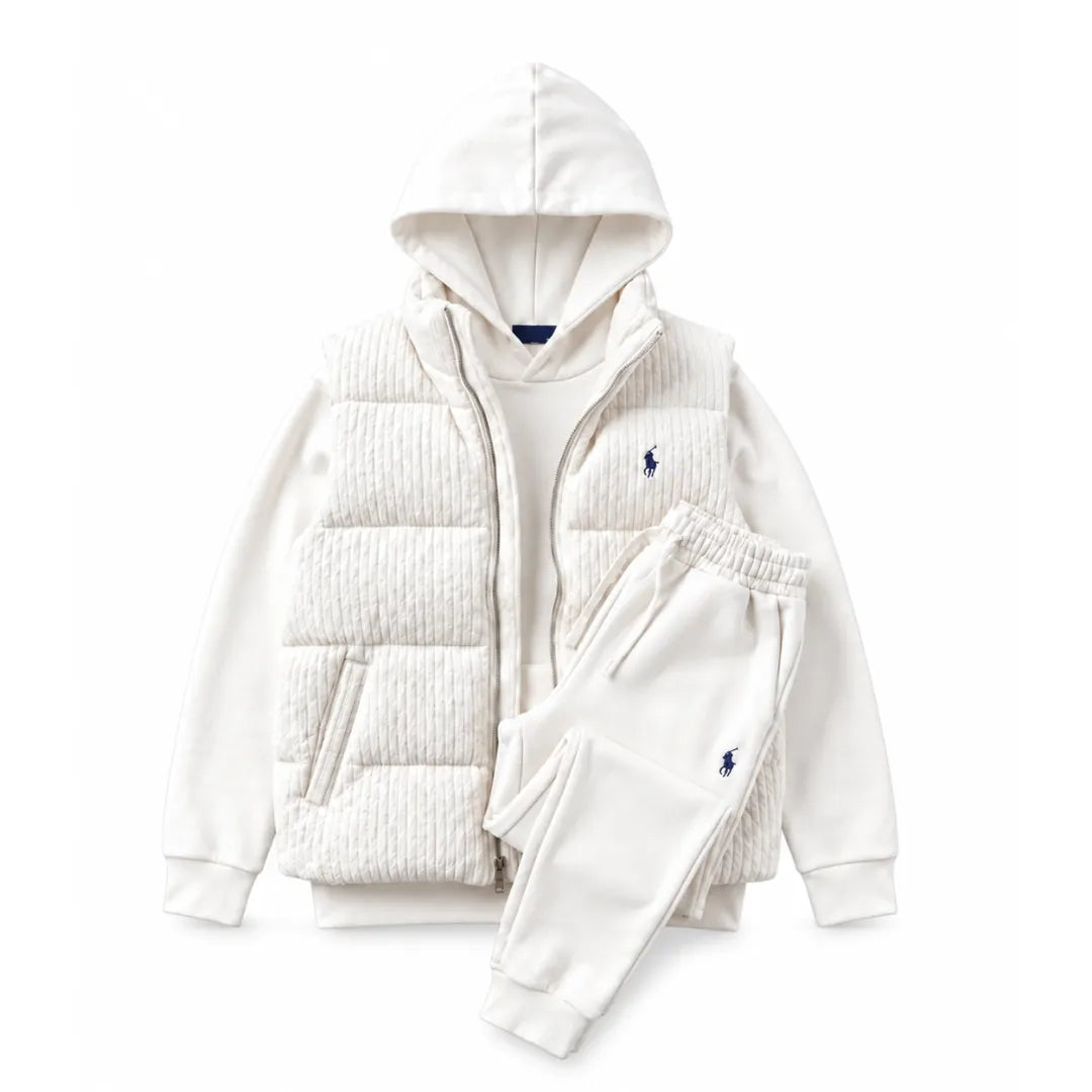 Men’s Heritage Cable-Knit Padded Vest 3-Piece Fleece Tracksuit Set